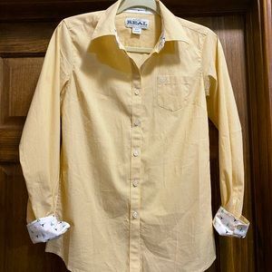 Small yellow pin stripe button down Ariat shirt